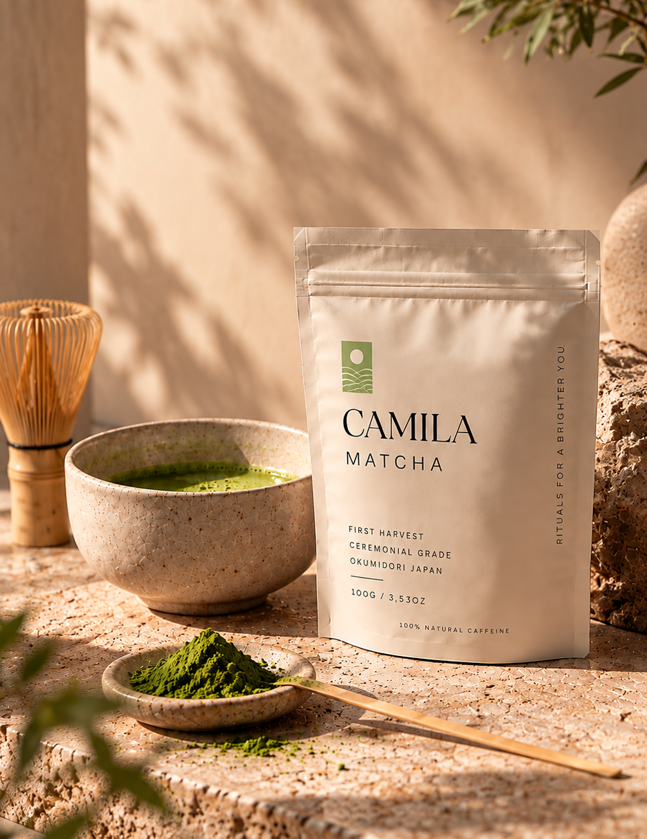 Camila Matcha pouch beside a bowl of freshly whisked matcha in morning light